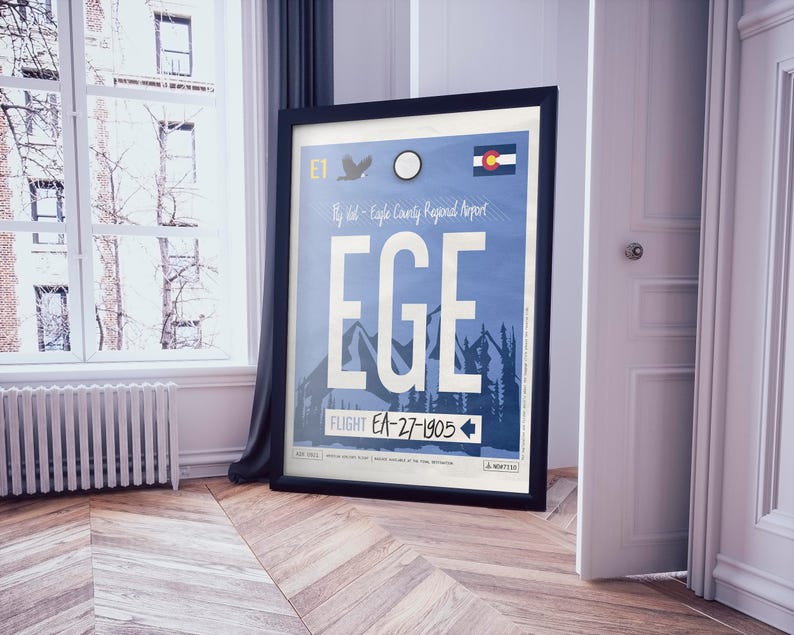 Eagle Airport Tag, Colorado Travel Poster, USA Vintage Luggage Tag, Framed Print, EGE Airport Code, Eagle County Poster, Colorado Souvenir image 3