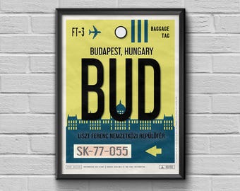 Etiqueta del aeropuerto de Budapest, Hungría: Póster de viaje BUD - Souvenir personalizable, etiqueta de equipaje lista para regalar.