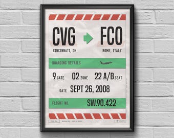 Custom Vintage Boarding Pass Print, Aviation Travel Decor