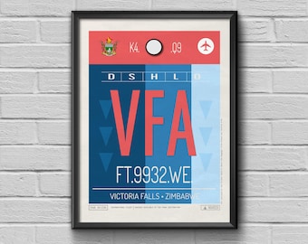 Póster turístico de las Cataratas Victoria en Zimbabue, arte con el código del aeropuerto VFA
