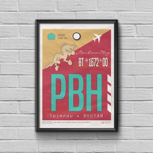 Bhutan Airport Tag Poster, Vintage Travel Souvenir