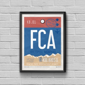 Kalispell Airport Tag, Montana Travel Poster, FCA Airport Code, Glacier Park Montana Framed Print, FCA Luggage Tag, Kalispell Souvenir