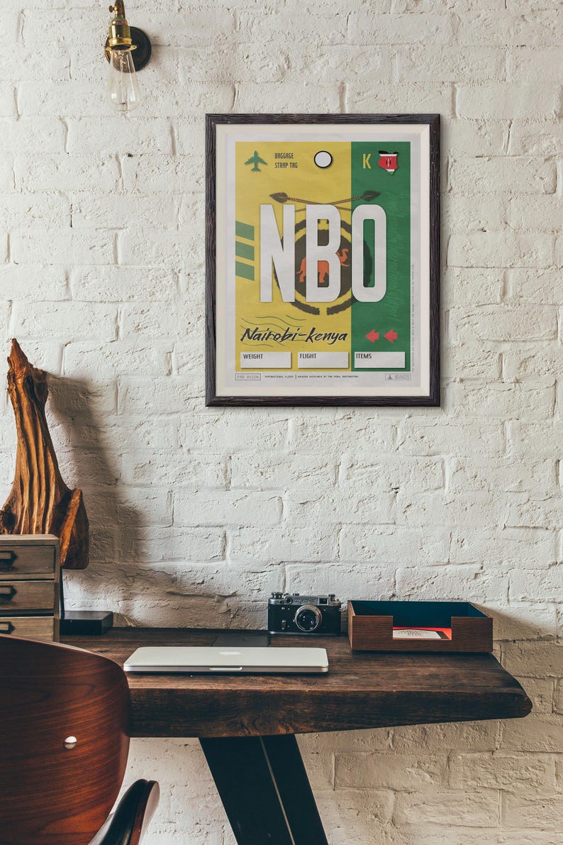 Plakat z etykietą lotniska w Nairobi, sztuka podróżnicza z Kenii w stylu vintage zdjęcie 5