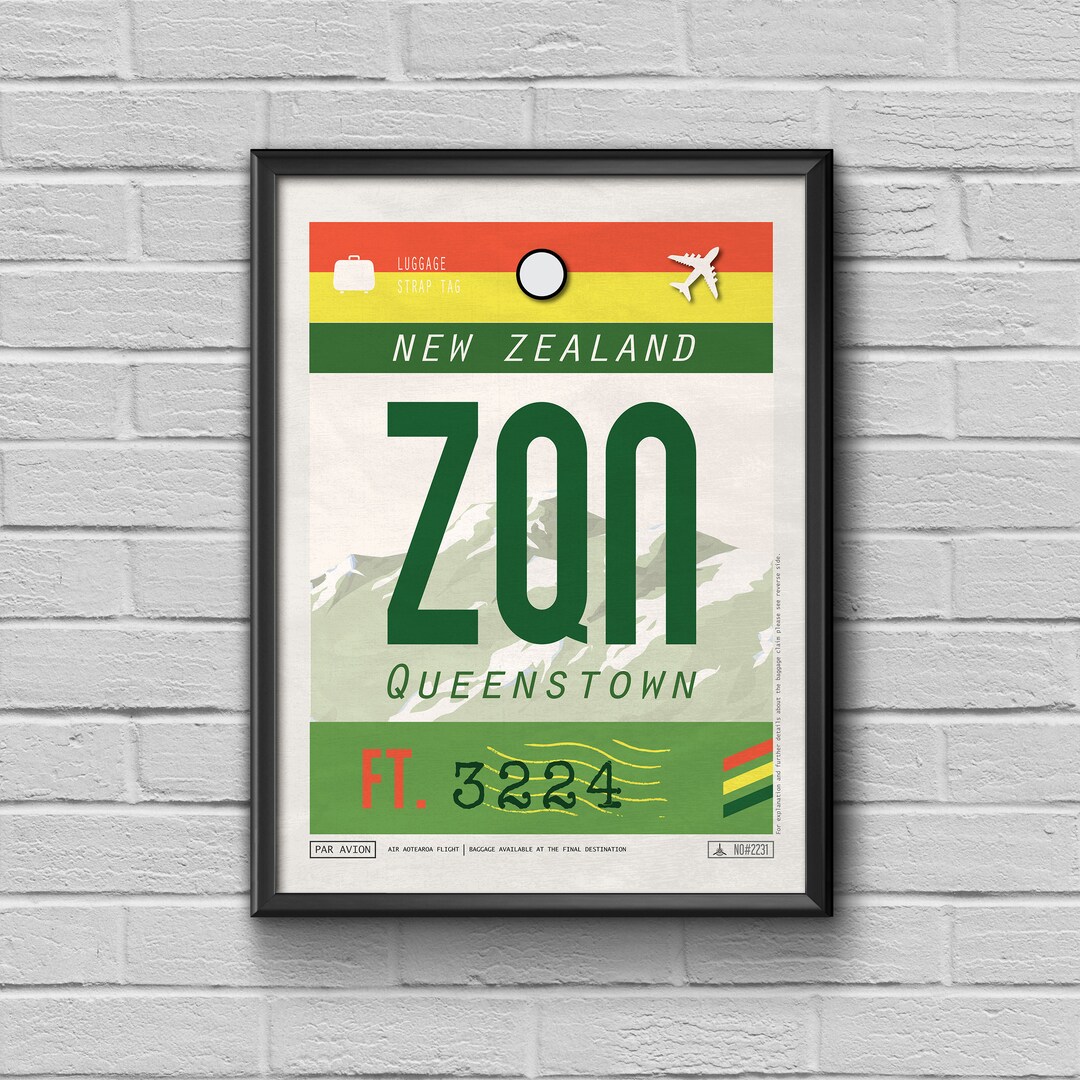 Queenstown Airport Tag, New Zealand Travel Poster, ZQN Airport Code