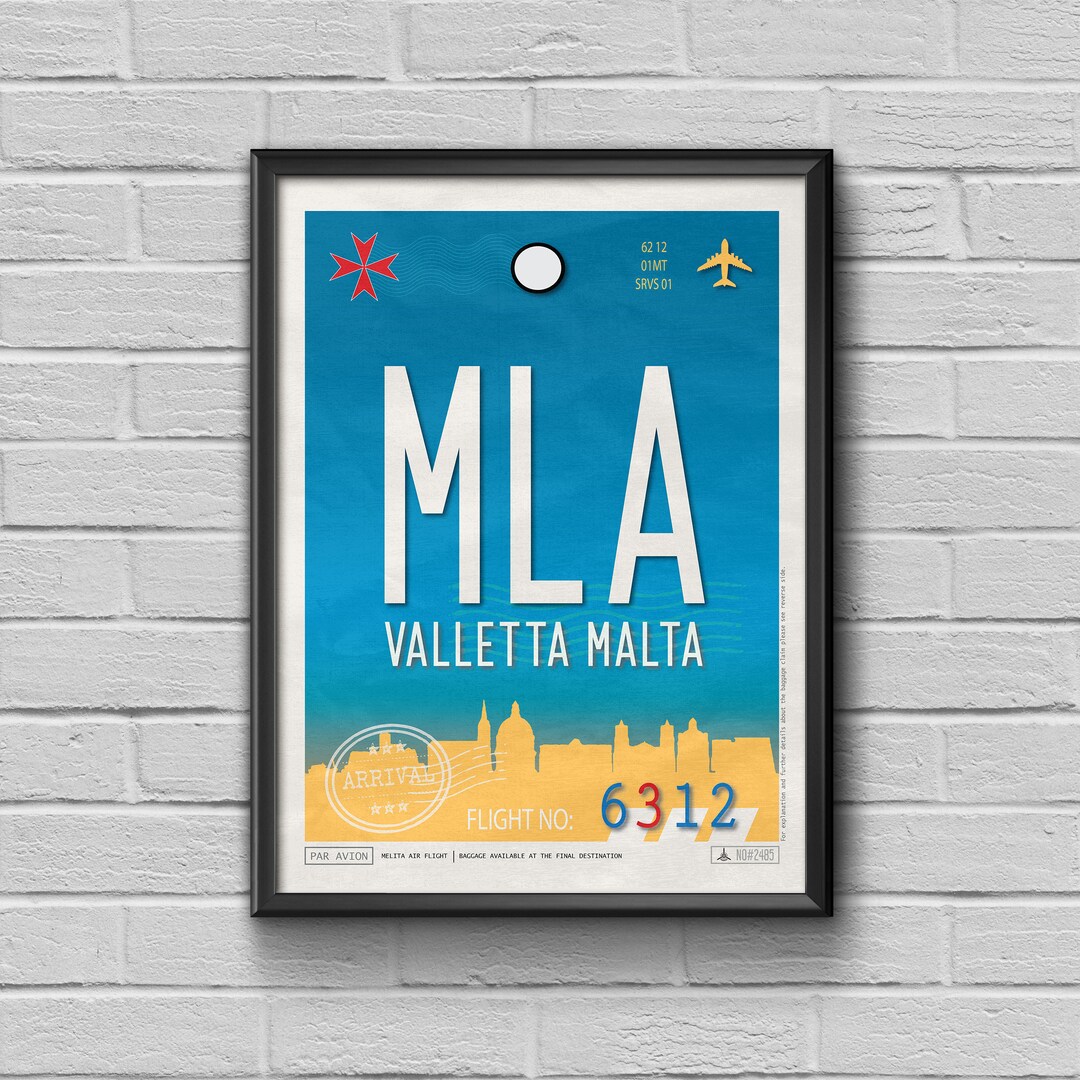 Valletta Airport Tag, Malta Travel Poster, MLA Airport Code, Malta