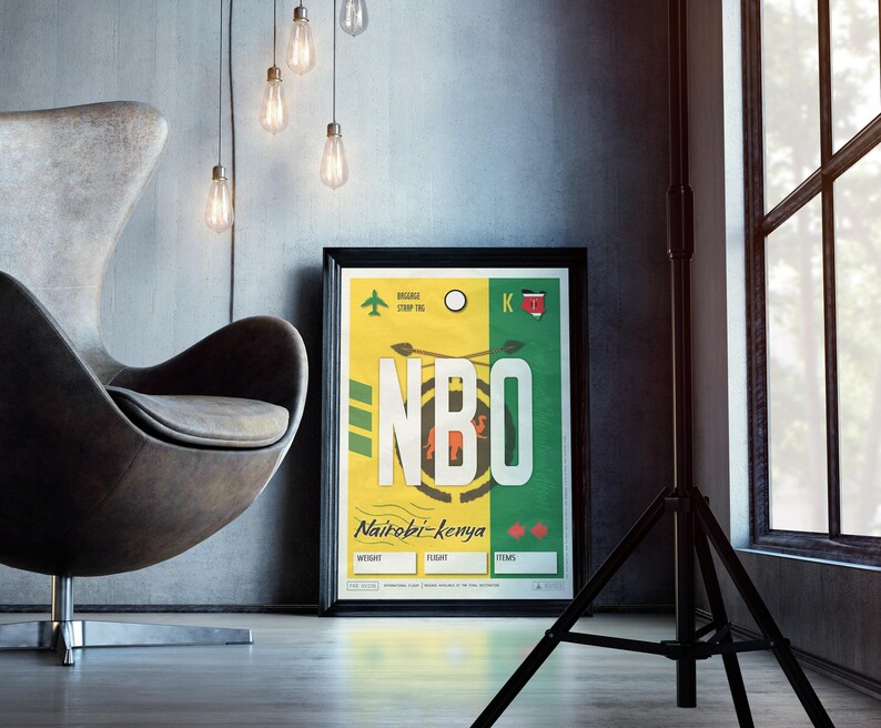 Plakat z etykietą lotniska w Nairobi, sztuka podróżnicza z Kenii w stylu vintage zdjęcie 3