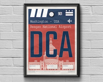 Póster turístico vintage de Washington D.C., arte con el código del aeropuerto DCA
