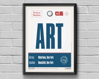 Póster turístico de Watertown, Nueva York, Arte con código de aeropuerto