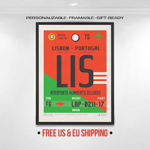 Etykieta lotniska w Lizbonie: Plakat podróżniczy do Portugalii, Kod LIS, Personalizowana pamiątka | Gotowy na prezent, Sztuka na etykiecie bagażowej