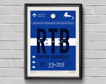 Roatan Airport Tag, Honduras Travel Poster, RTB Airport Code, Honduras Framed Print, RTB Luggage Tag, Honduras Flag, Roatan Souvenir