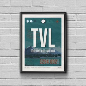 South Lake Tahoe Airport Tag, California Travel Poster, TVL Airport Code, California Lake Framed Print, TVL Luggage Tag, Lake Tahoe Souvenir