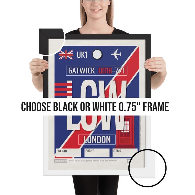 A person is holding a framed poster with a British flag and a plane, and the poster has a message about choosing a frame.