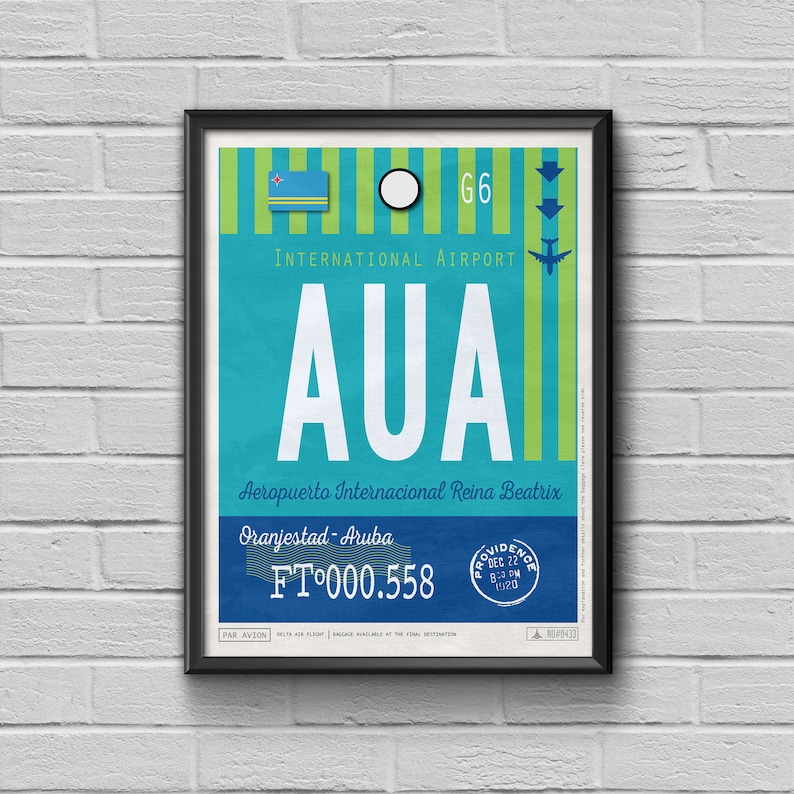 Oranjestad Airport Tag Aruba Travel Poster AUA Airport Code Etsy