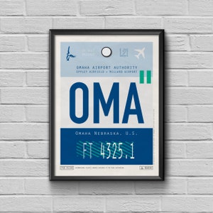 Omaha Airport Tag, Nebraska Travel Poster, OMA Luggage Tag, Omaha Souvenir, USA Print, Framed Print, OMA Airport Code, Nebraska Souvenir