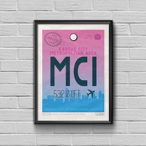 カンザスシティ空港タグ、ミズーリ州旅行ポスター、MCI 空港コード、ミズーリ州空港額入りプリント、MCI 荷物タグ、カンザスシティのお土産