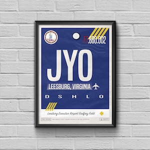 Leesburg Airport Tag, Virginia Airport Travel Poster, Leesburg Luggage Tag, USA Framed Print, JYO Airport Code, Virginia Souvenir