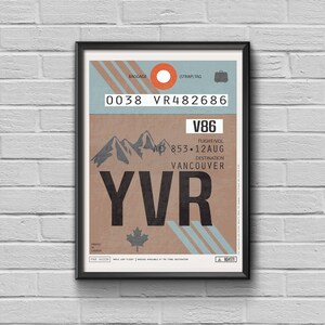 Etiqueta del aeropuerto de Vancouver, Póster de viaje de Canadá, Etiqueta de equipaje vintage, Póster enmarcado de Canadá, Código de aeropuerto YVR, Recuerdo de Canadá, Arte de aviación