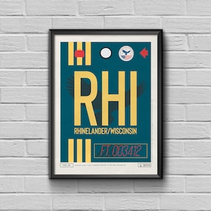 Rhinelander Airport Tag, Wisconsin Travel Poster, RHI Airport Code, Rhinelander Framed Poster, RHI Luggage Tag, Eagle Wisconsin Souvenir