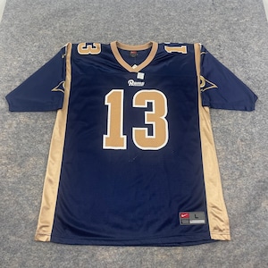 Camisa VTG Nike Kurt Warner St Louis Rams #13 Azul Marinho Dourado NFL Masculina Grande NWT
