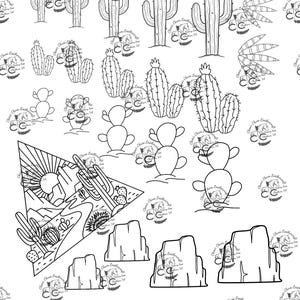 May include: Black and white line art illustrations of various cacti and desert landscape elements. The image includes different cactus shapes, a desert scene with mountains and a sun, and rock formations.
