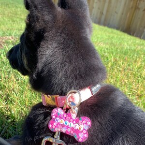 May include: A black dog wearing a pink collar and leash, with a bone-shaped tag that reads "HARLEE" in pink letters. The tag is decorated with colorful flowers and smiley faces. The dog is lying on green grass.