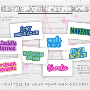 Custom Name Decal | Vinyl Labels | Kids Name Stickers | Layered Vinyl Decal | Waterbottle or Lunchbox Label | Fun Colorful Bubble Letters