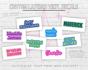Custom Name Decal | Vinyl Labels | Kids Name Stickers | Layered Vinyl Decal | Waterbottle or Lunchbox Label | Fun Colorful Bubble Letters
