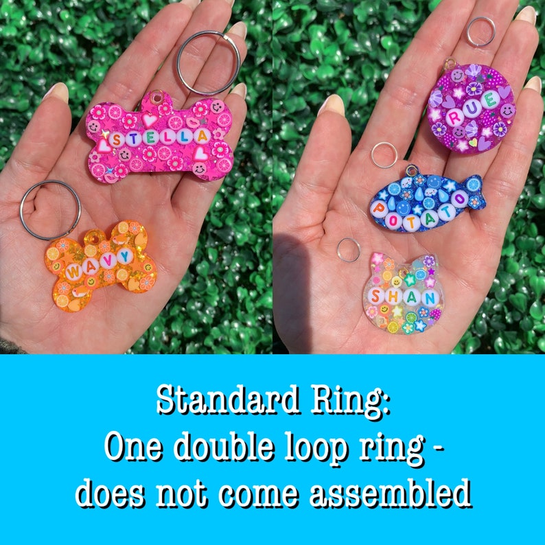 May include: A collection of colorful pet tags in various shapes, including a bone, a cat, and a fish, each with a name spelled out in letter beads. The tags are adorned with floral and fruit designs, and come with silver rings.