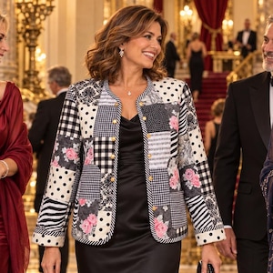 May include: A long-sleeved jacket featuring a patchwork design of black and white patterns including polka dots, gingham, stripes, and floral motifs with pink roses. The jacket has a round neckline, gold-tone buttons, and a black trim along the edges.