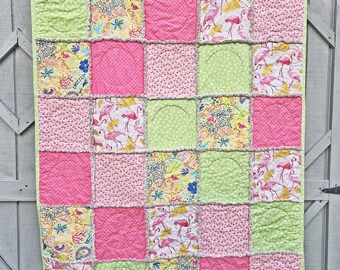 Flamingo Shag Lap Quilt: Grün & Pink Baumwoll-Stranddecke (56x46