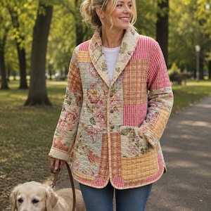 May include: A quilted jacket featuring a patchwork design with floral patterns in shades of pink, yellow, and green, combined with pink and white striped sections. The jacket has a shawl collar, long sleeves, two front pockets, and button closures.