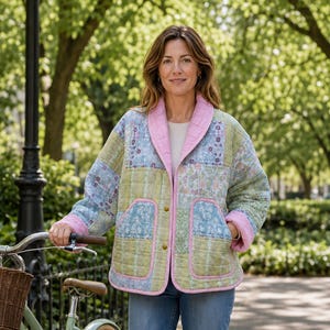 Grün-rosa Patchwork-Jacke von Pottery Barn im Boho-Stil mit Schalkragen – Größe XL