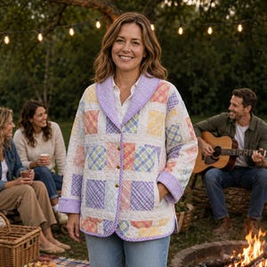 May include: A quilted jacket featuring a patchwork pattern of pastel plaid squares in yellow, pink, blue, and lavender. The jacket has a lavender gingham shawl collar, matching cuffs, three gold-tone buttons, and two side pockets.