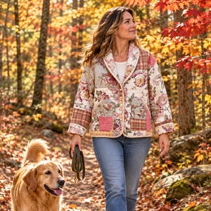 May include: A quilted jacket featuring a patchwork design of floral patterns and plaid squares in muted tones of pink, green, and cream. The jacket has a shawl collar, long sleeves, and two front patch pockets, worn with blue denim jeans.