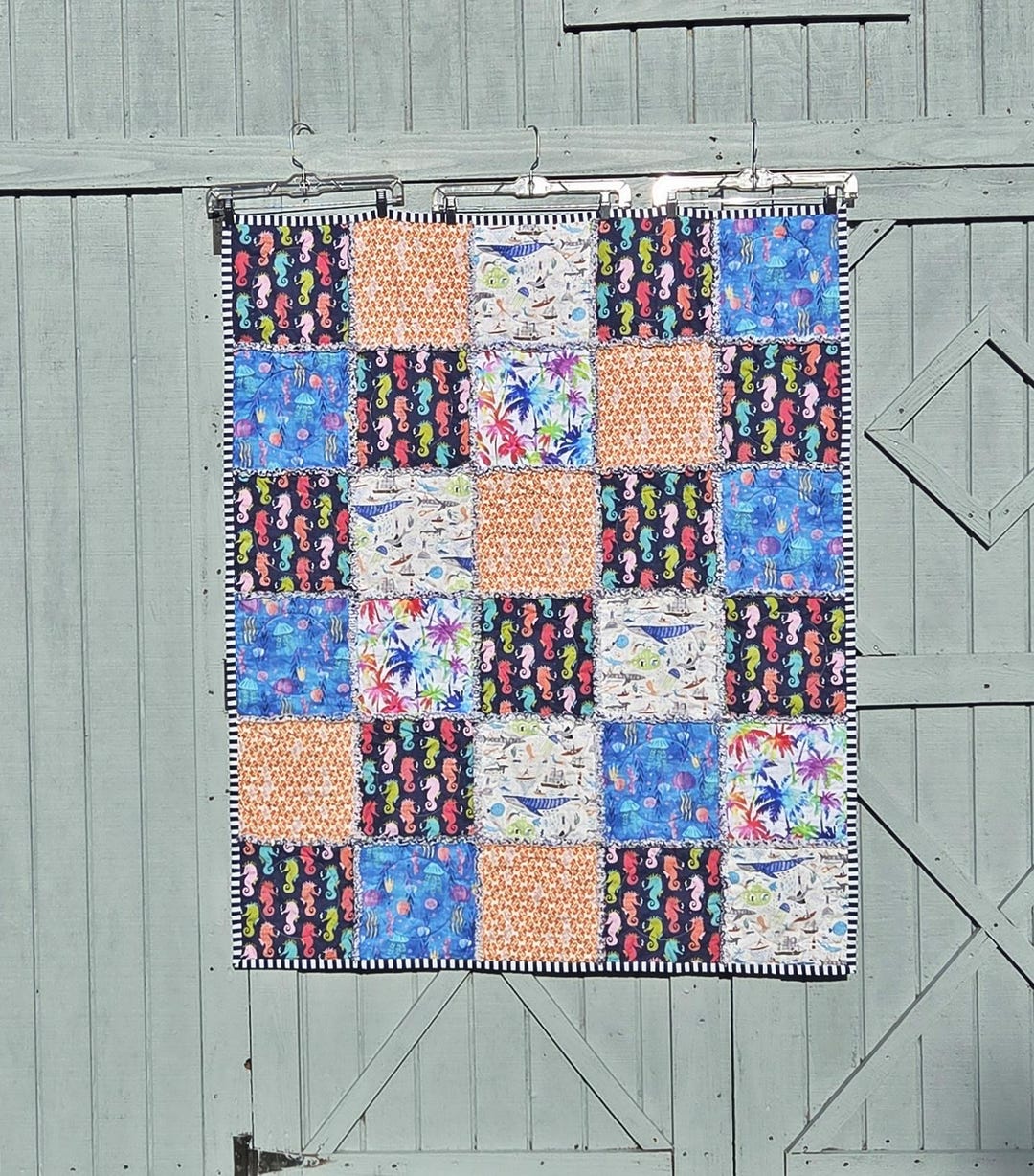Shoreful Rag Seahorses Navy Blue Shag Rag Quilt – Beach Deck Blanket (56x46) - Etsy