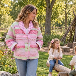 May include: A quilted jacket featuring a patchwork design in shades of pink, light green, and white. The jacket has a shawl collar, long sleeves, two front pockets, and three buttons down the center front. The fabric displays a mix of gingham and floral patterns.