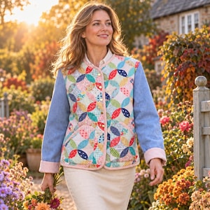 May include: A quilted jacket featuring a colorful patchwork pattern of interlocking circles in shades of red, blue, green, and yellow. The jacket has light blue denim sleeves, a round neckline, gold-tone snap buttons, and two front pockets.