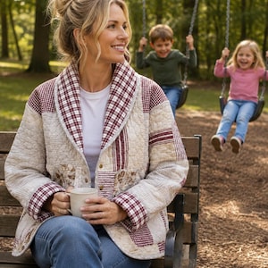 May include: A quilted jacket featuring a patchwork design with cream, beige, and maroon plaid patterns. The jacket has a wide shawl collar, long sleeves, and two front pockets. It is worn over a plain white t-shirt and blue denim jeans.