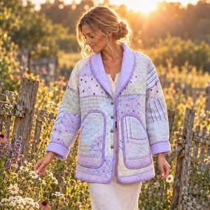 May include: A quilted jacket featuring a patchwork design in shades of lavender, light blue, and cream. The garment has a shawl collar, long sleeves with cuffs, and two large patch pockets. It is fastened with four buttons down the front.