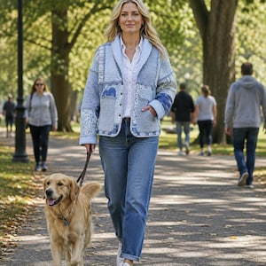 May include: A light blue patchwork jacket with a shawl collar, long sleeves, and a button-front closure. The jacket features various shades of blue in a quilted fabric pattern with visible stitching, two front pockets, and a white collared shirt underneath.
