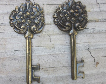 Brass key charms // 2 Flower key Charms //