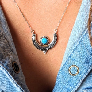 Crescent moon turquoise sterling silver necklace | 18 in. necklace | bohemian turquoise necklace | moon turquoise pendant | boho jewelry
