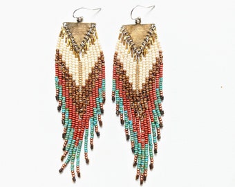 Native Beaded Earrings | Terracotta Earthy Palette | 5 in. long | Boho Style | Gift for Wife | Seed Bead Jewelry | Handcrafted