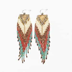 Native Beaded Earrings | Terracotta Earthy Palette | 5 in. long | Boho Style | Gift for Wife | Seed Bead Jewelry | Handcrafted
