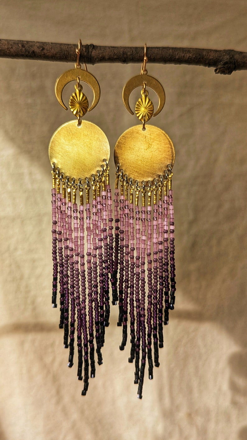 Libertinaje crescent moon purple ombre beaded earrings with gold accents 6 in. long mystical magical handwoven celestial image 3