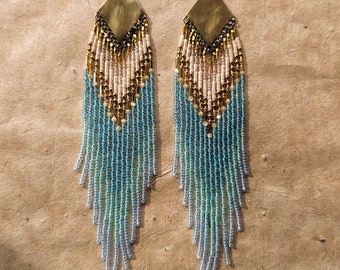 Aqua Nymph: Seed Bead Earrings Inspired by Turquoise Ocean Hues | 5.5 in. long | aqua ombre | water elements | best seed bead earrings