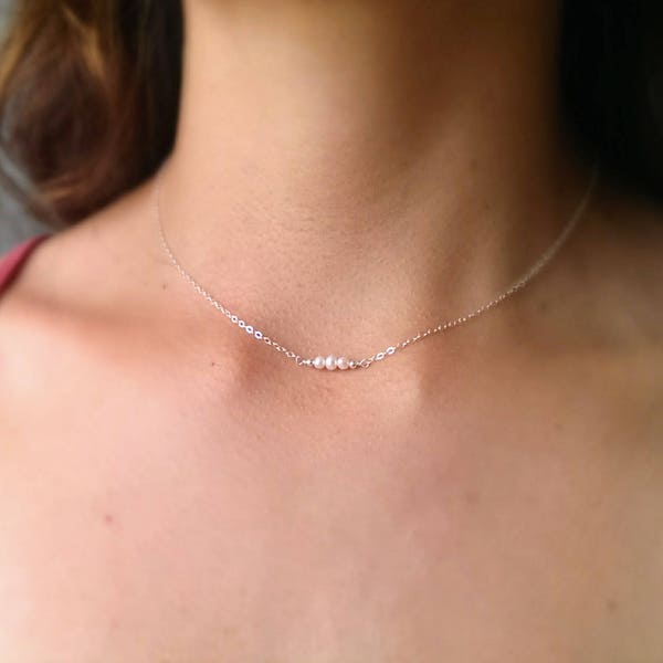 Dainty pearl necklace - delicate necklace - tiny pearl necklace - simple necklace - birthstone necklace - sterling silver tiny bead necklace