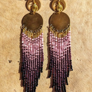 Libertinaje crescent moon purple ombre beaded earrings with gold accents 6 in. long mystical magical handwoven celestial image 5