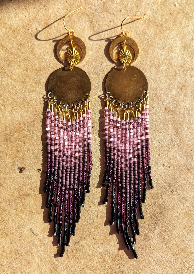 Libertinaje crescent moon purple ombre beaded earrings with gold accents 6 in. long mystical magical handwoven celestial image 5