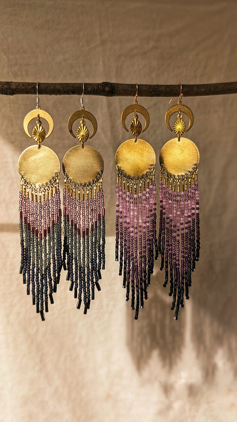 Libertinaje crescent moon purple ombre beaded earrings with gold accents 6 in. long mystical magical handwoven celestial image 4